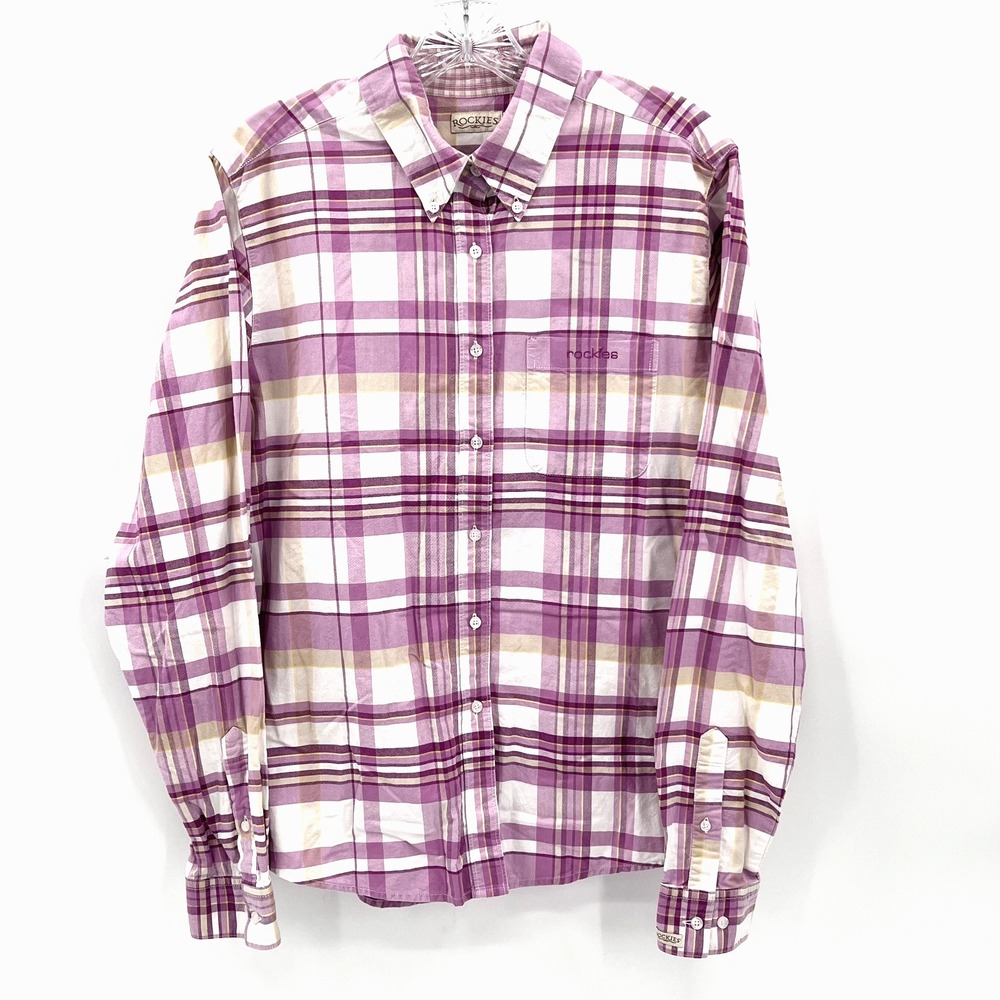 ROCKIES Women's XL Vintage Pink Plaid Long-Sleeve Button-Down Shirt Pocket Logo